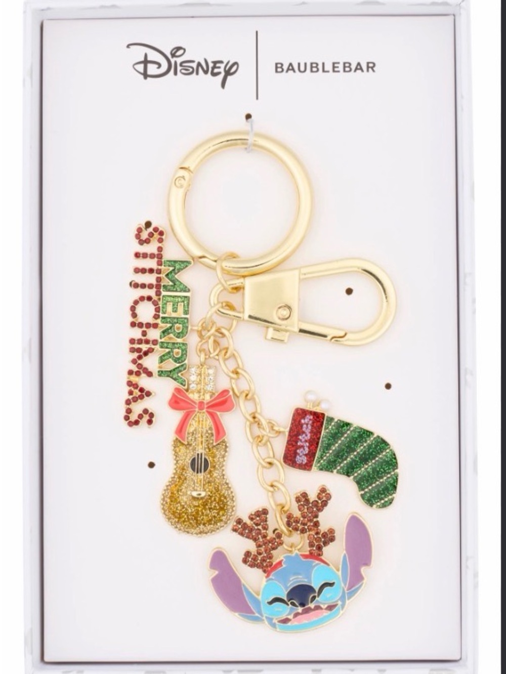 BaubleBar Gold Holiday Stitch Charm Keychain with Red, Green, Pink Accents NIB